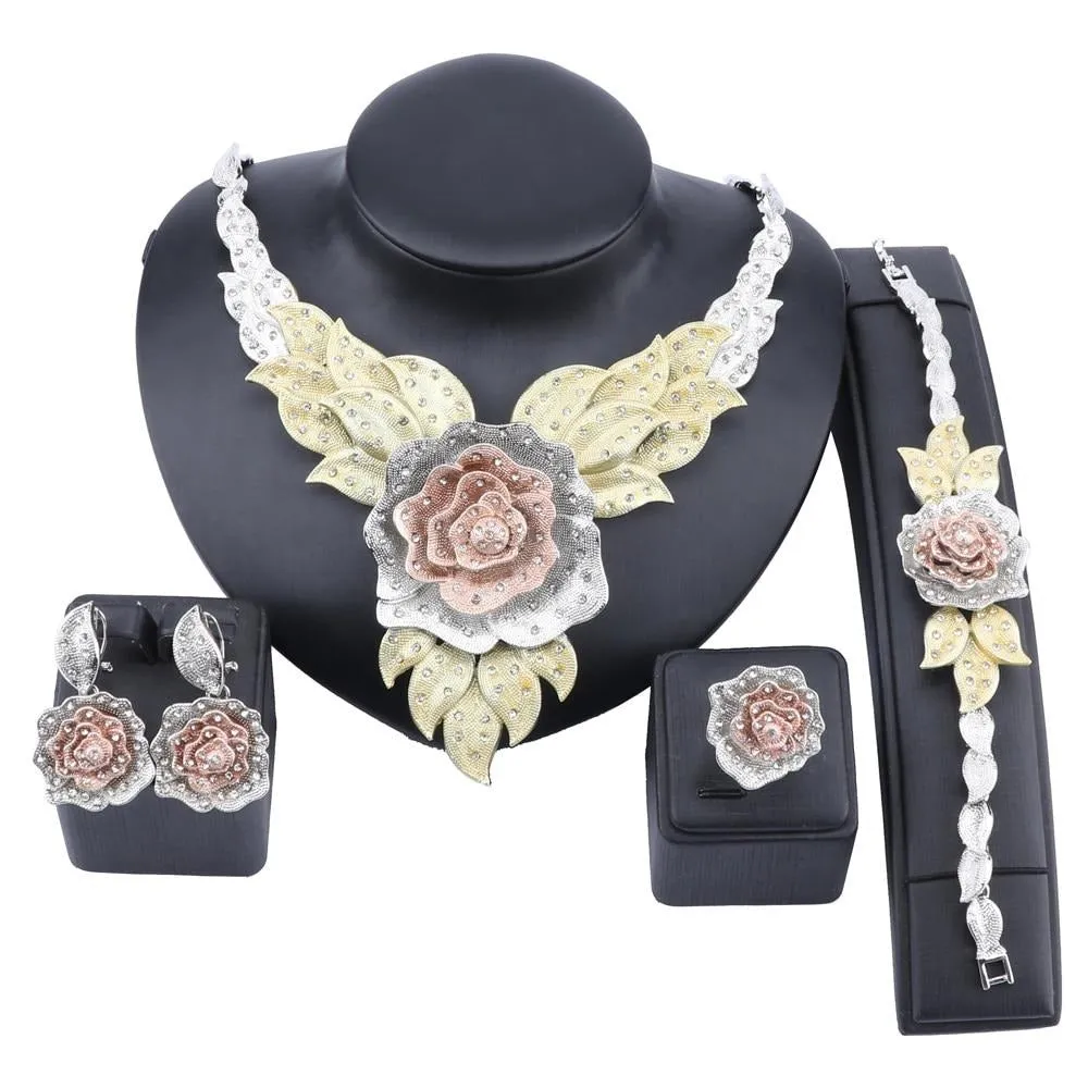 Crystal Rose Flower Necklace, Bracelet, Earrings & Ring Wedding Jewelry Set