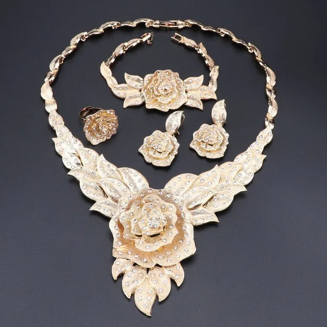 Crystal Rose Flower Necklace, Bracelet, Earrings & Ring Wedding Jewelry Set