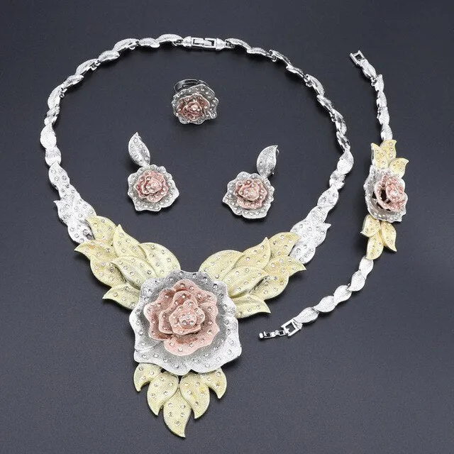 Crystal Rose Flower Necklace, Bracelet, Earrings & Ring Wedding Jewelry Set