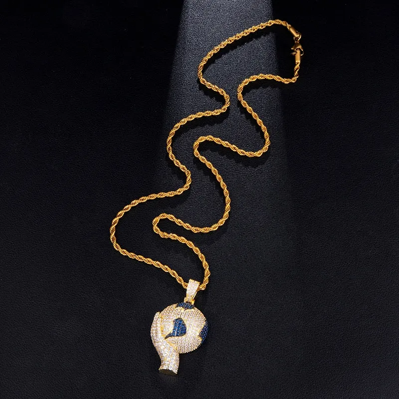 Cubic-Zirconia-Studded Hand Holding Earth Bling Hip-hop Pendant Necklace