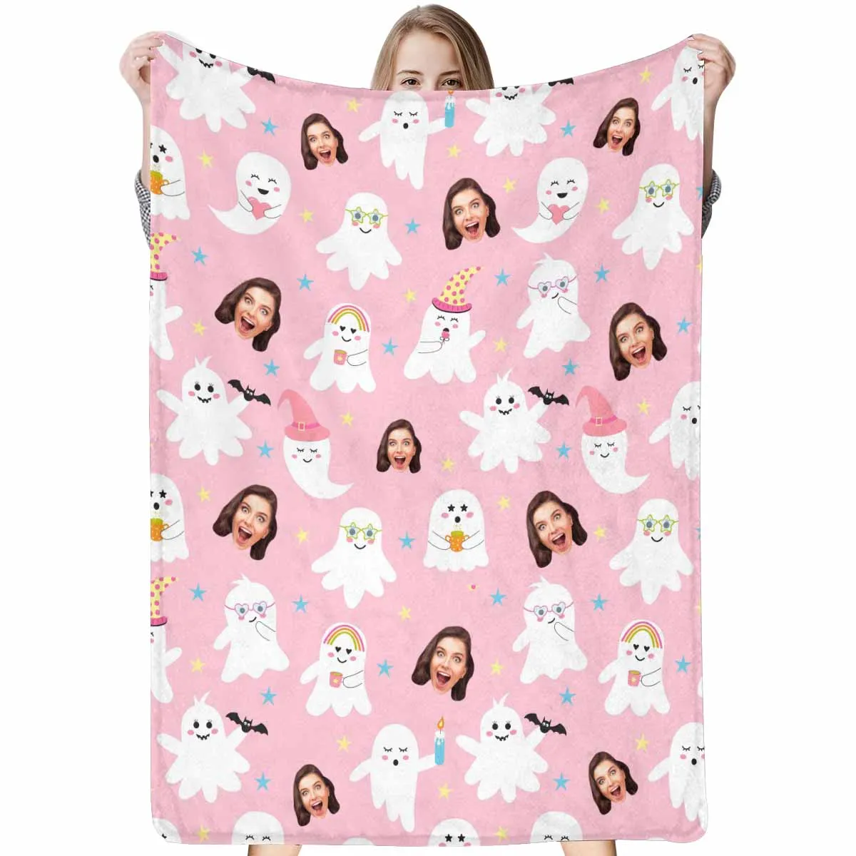 Custom Face Pink Ghost Blanket Ultra-Soft Personalized Micro Fleece Blanket Halloween Decorations Pinkoween