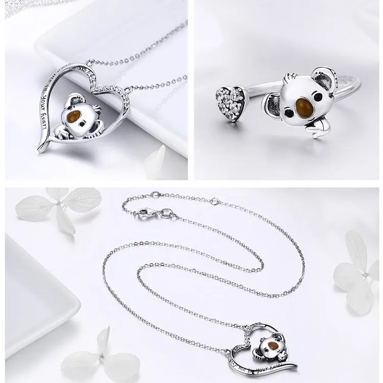 Cute Koala Bear and Cubic Zirconia Heart 925 Sterling Silver Necklace, Earrings & Ring Jewelry Set