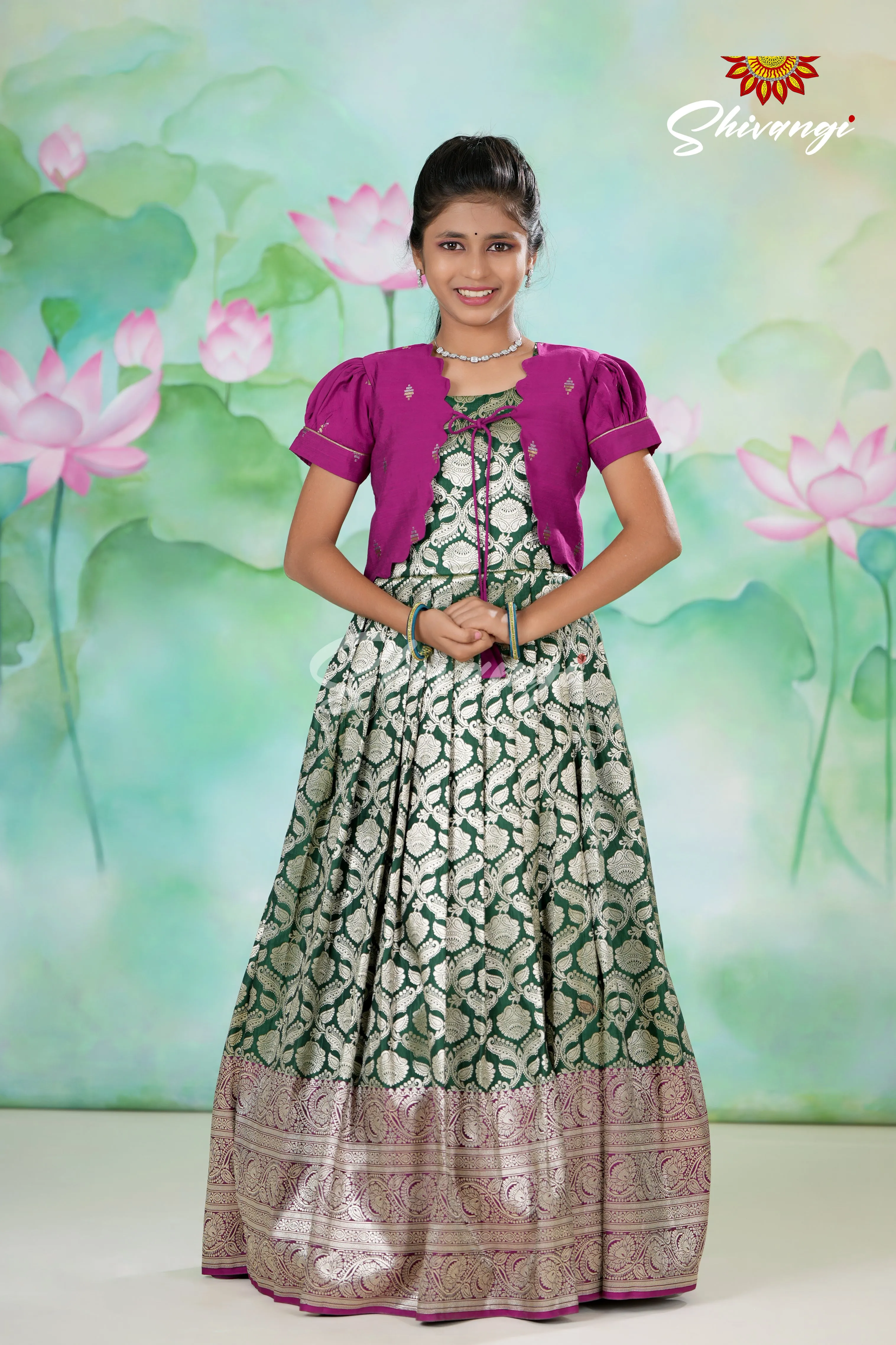 Dark Green Satin Diya  Long Gown For Girls !!!