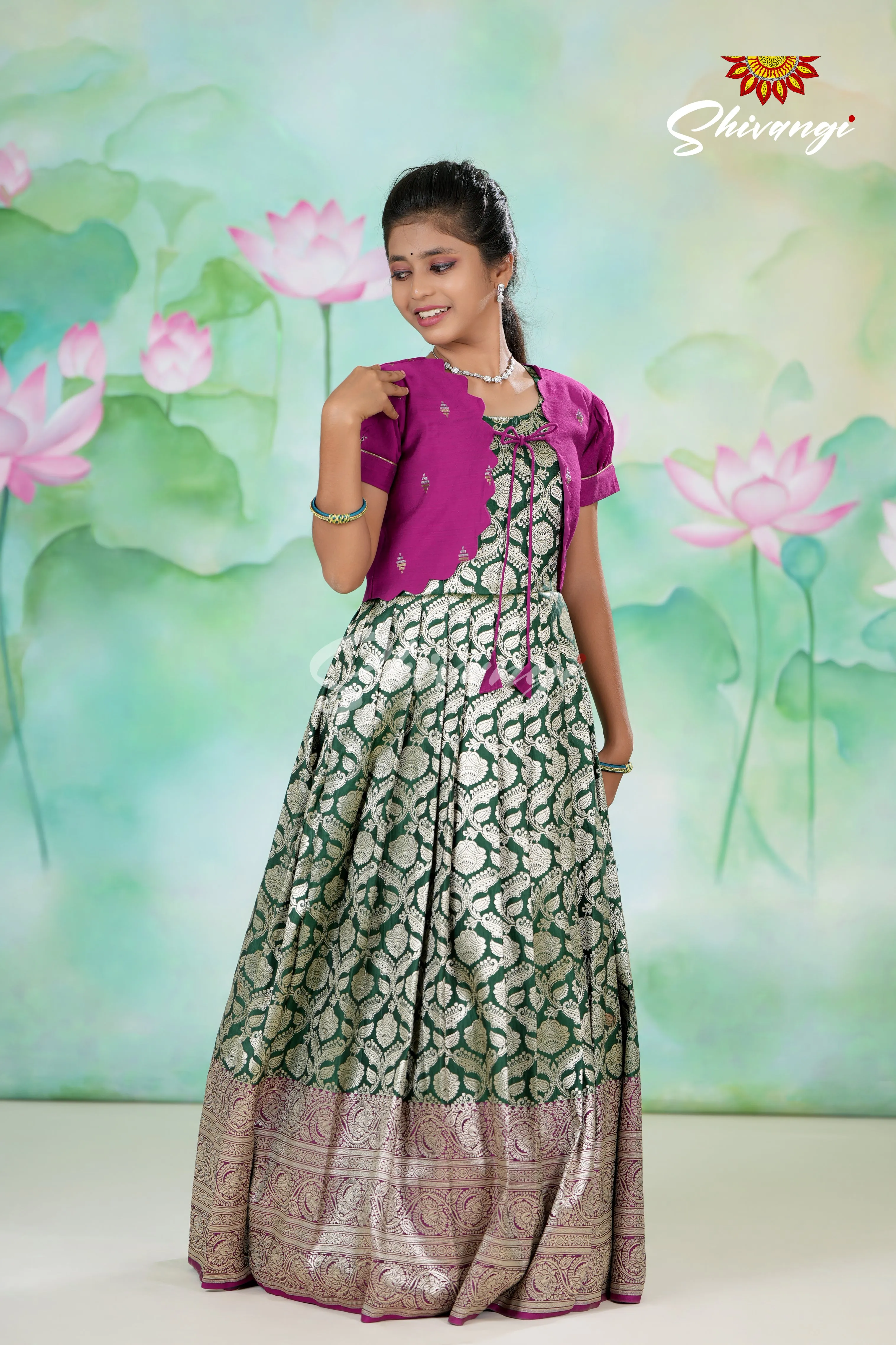 Dark Green Satin Diya  Long Gown For Girls !!!