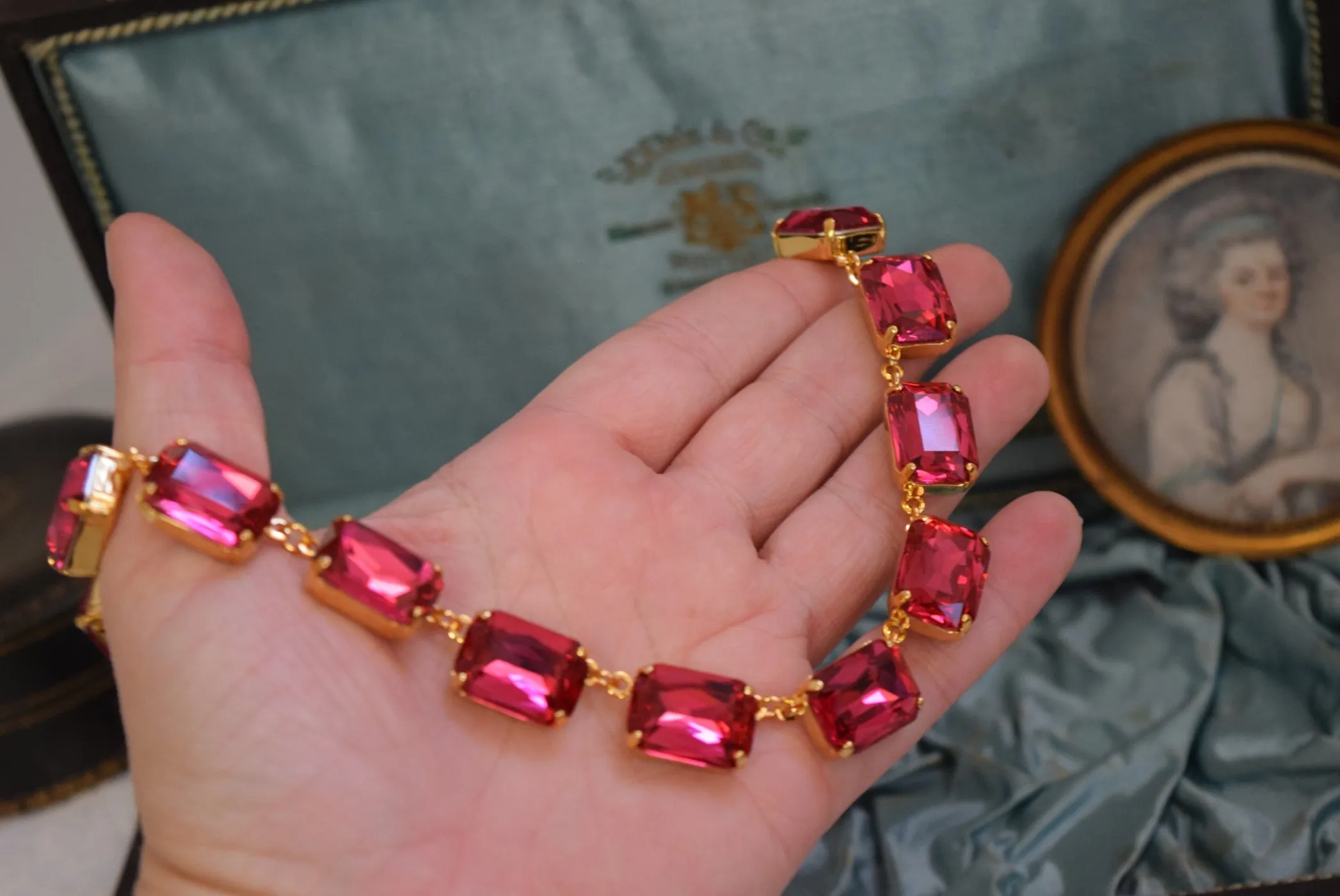 Dark Pink Aurora Crystal Collet Necklace - Large Octagon