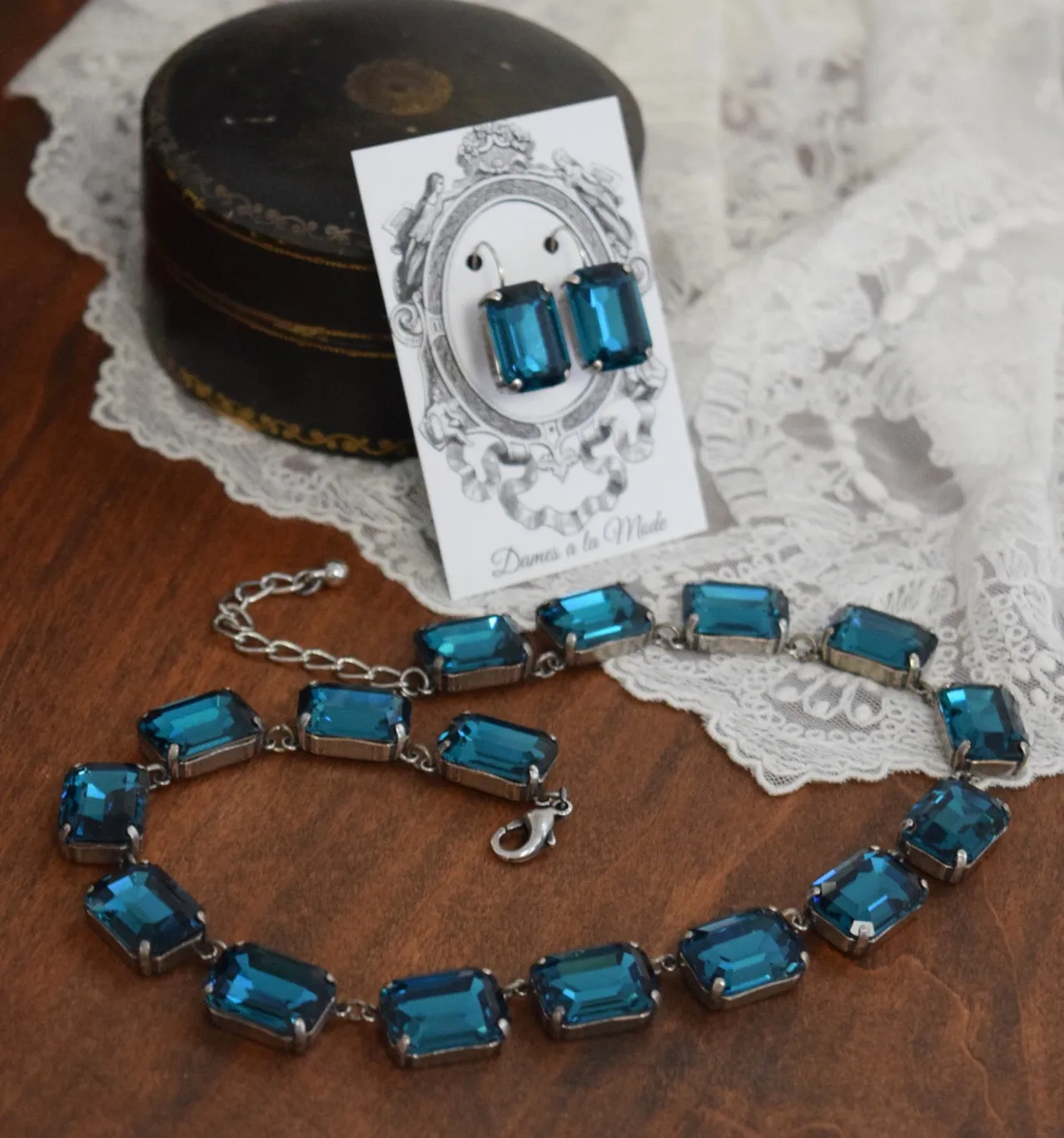 Dark Teal Blue Aurora Crystal Collet Necklace - Large Octagon