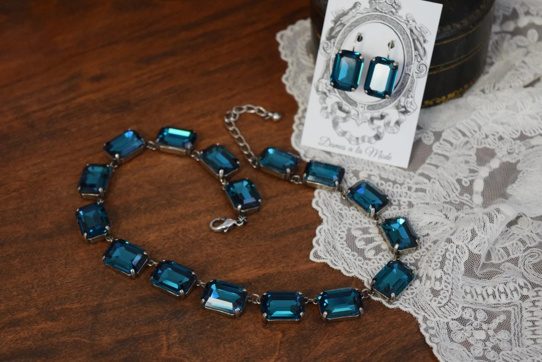 Dark Teal Blue Aurora Crystal Collet Necklace - Large Octagon