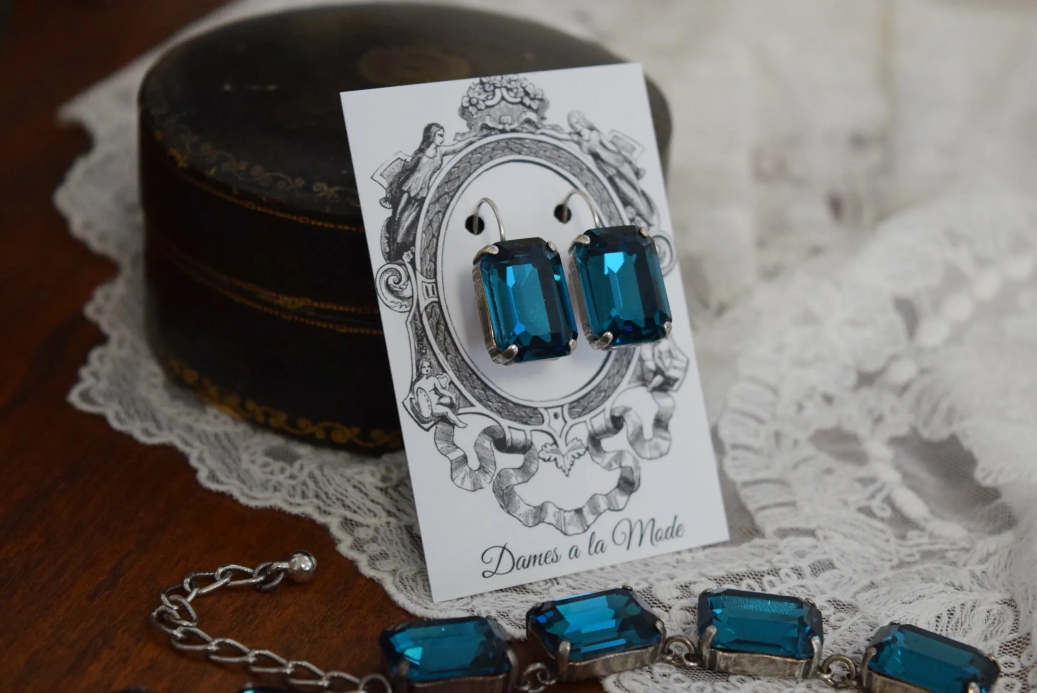 Dark Teal Blue Aurora Crystal Collet Necklace - Large Octagon