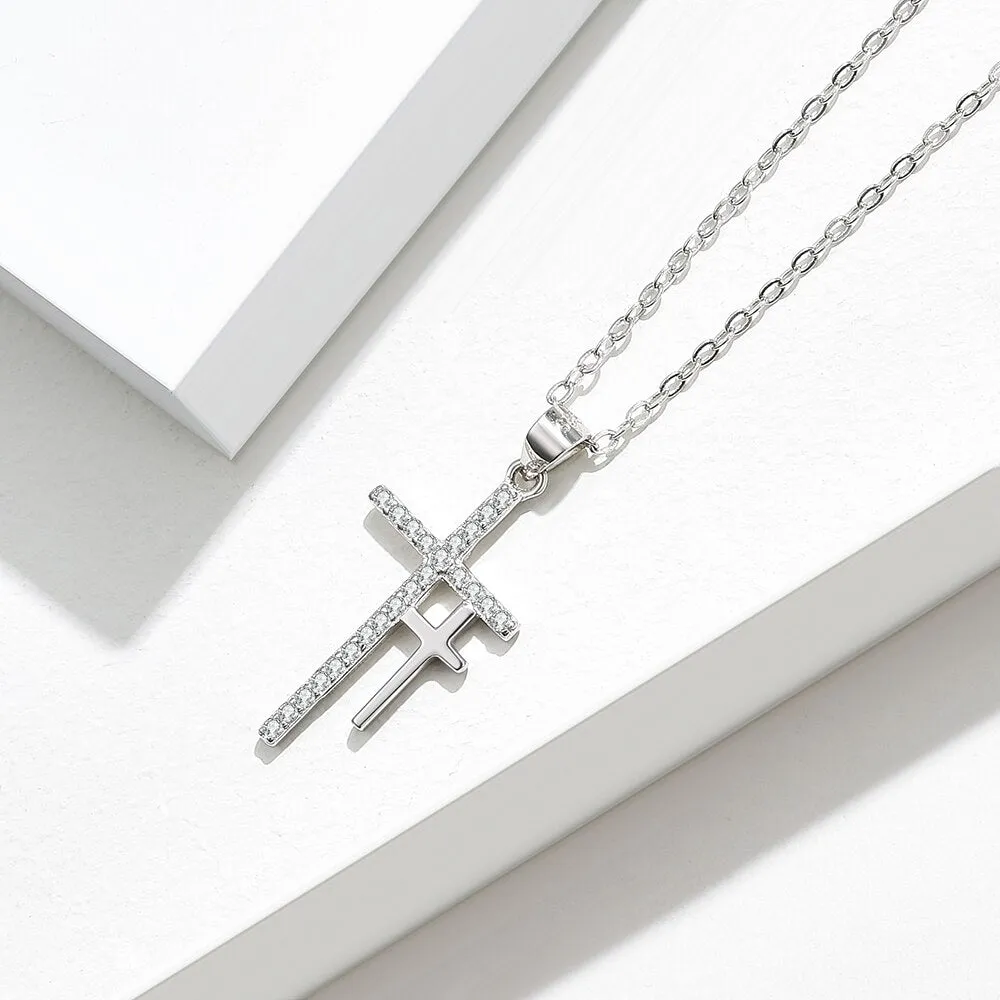 Double Cross Cubic Zirconia 925 Sterling Silver Fashion Pendant Necklace