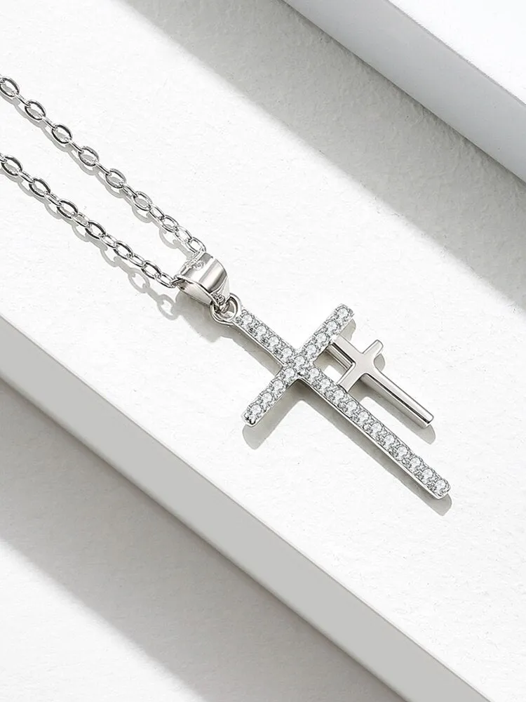 Double Cross Cubic Zirconia 925 Sterling Silver Fashion Pendant Necklace