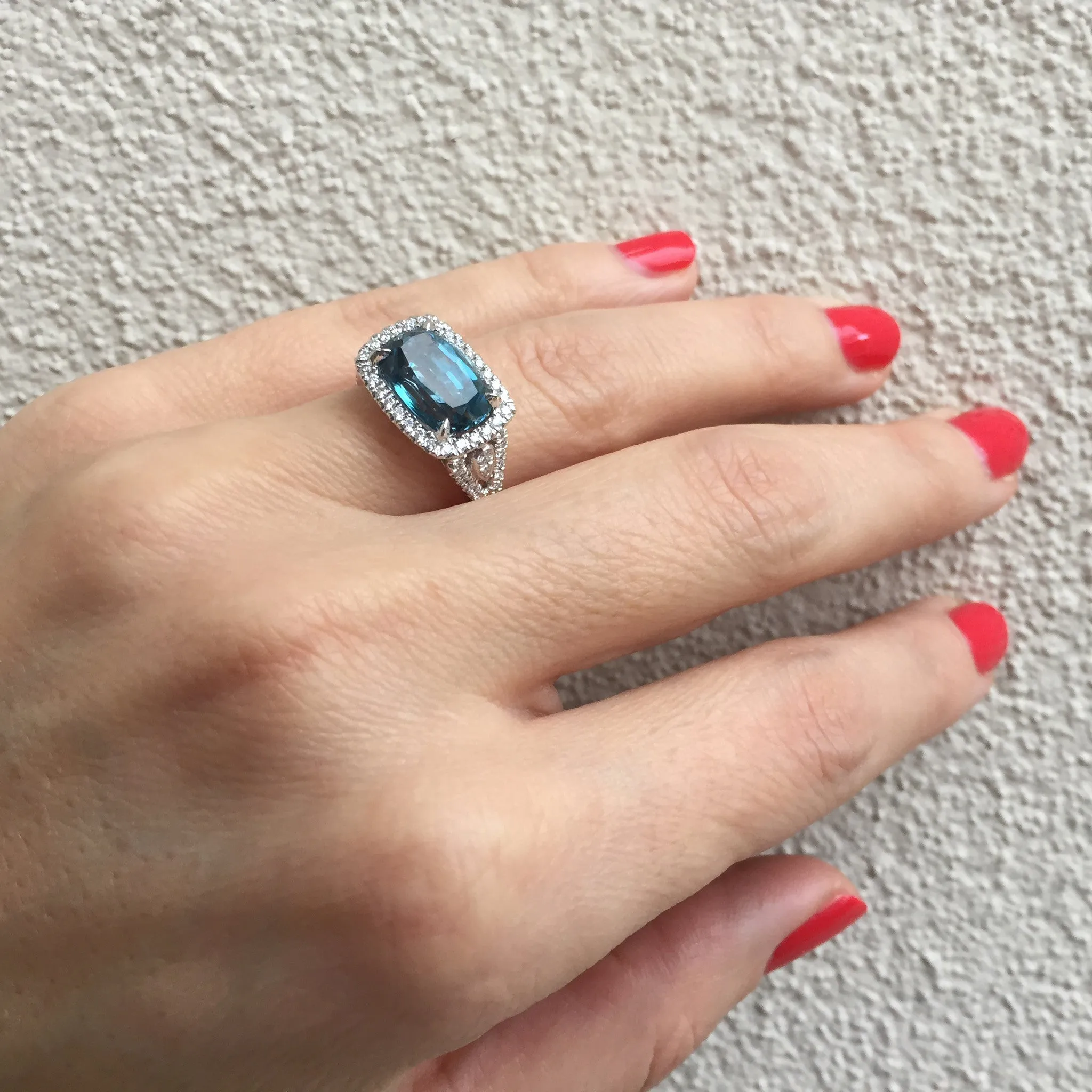 Doves London Blue Cushion Topaz Diamond Halo Rectangular Ring