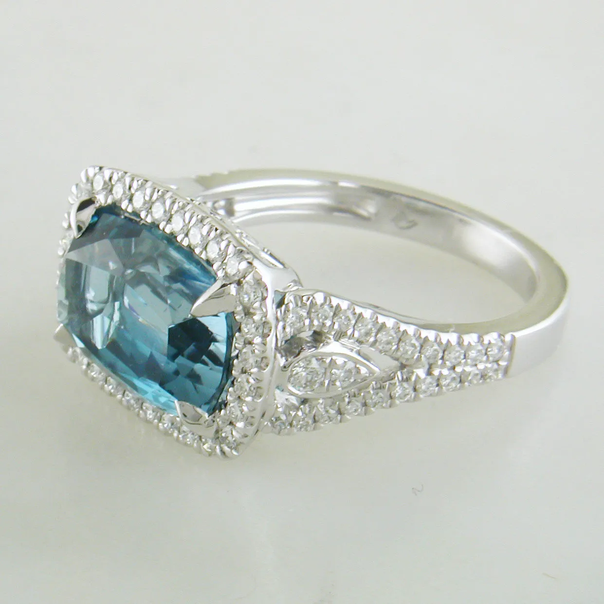 Doves London Blue Cushion Topaz Diamond Halo Rectangular Ring