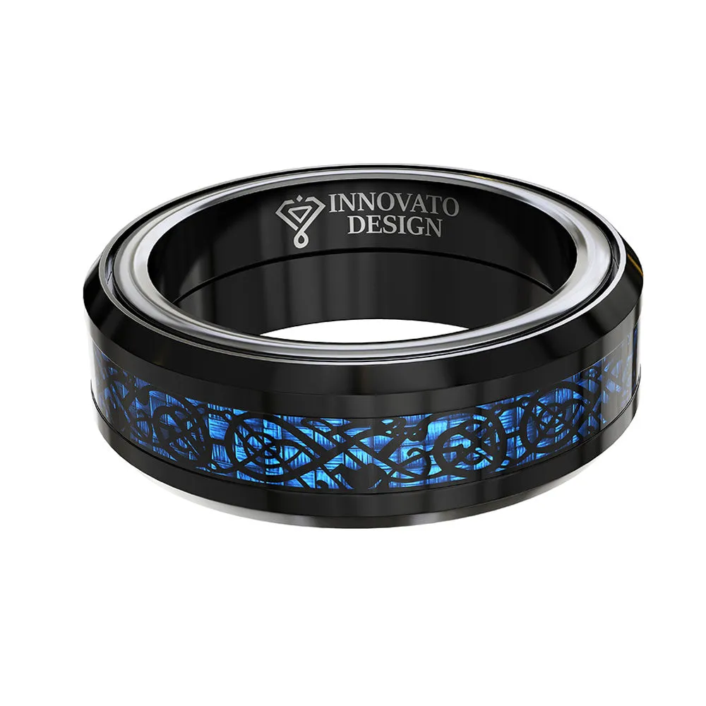 Dragon Blue Inlay Tungsten Spinner Wedding Band Ring