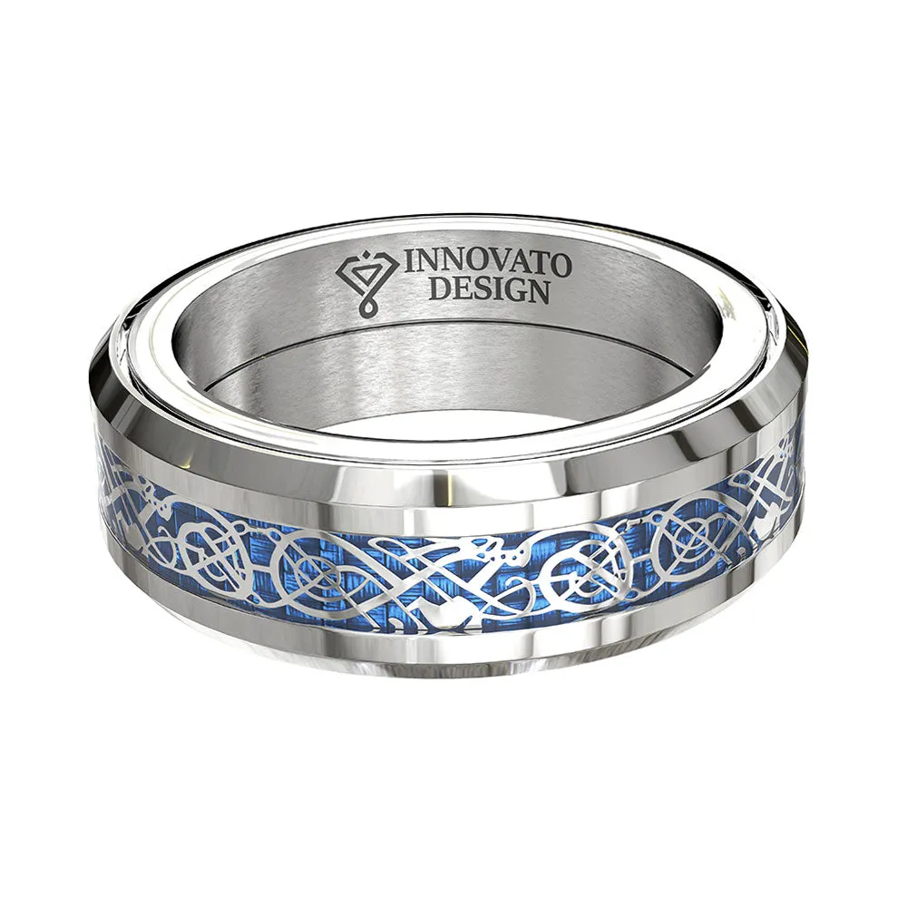 Dragon Blue Inlay Tungsten Spinner Wedding Band Ring