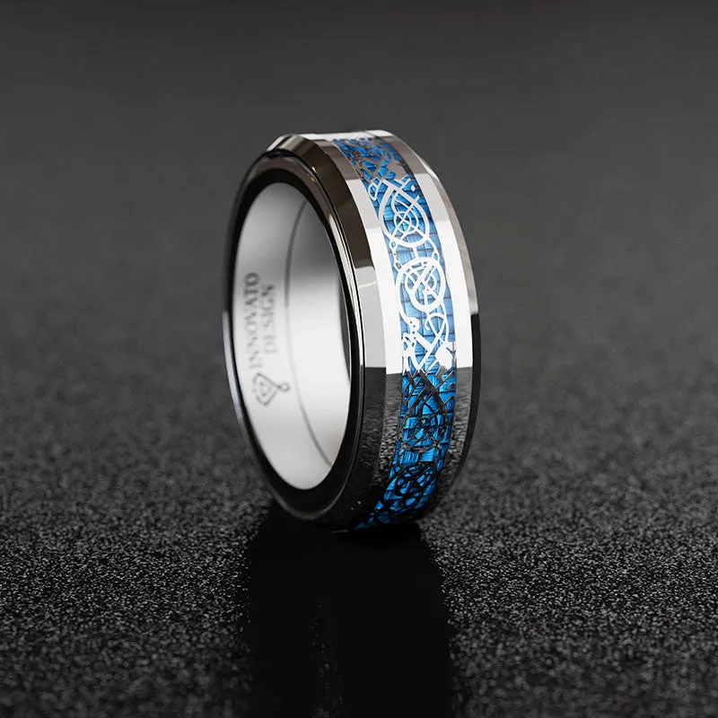 Dragon Blue Inlay Tungsten Spinner Wedding Band Ring