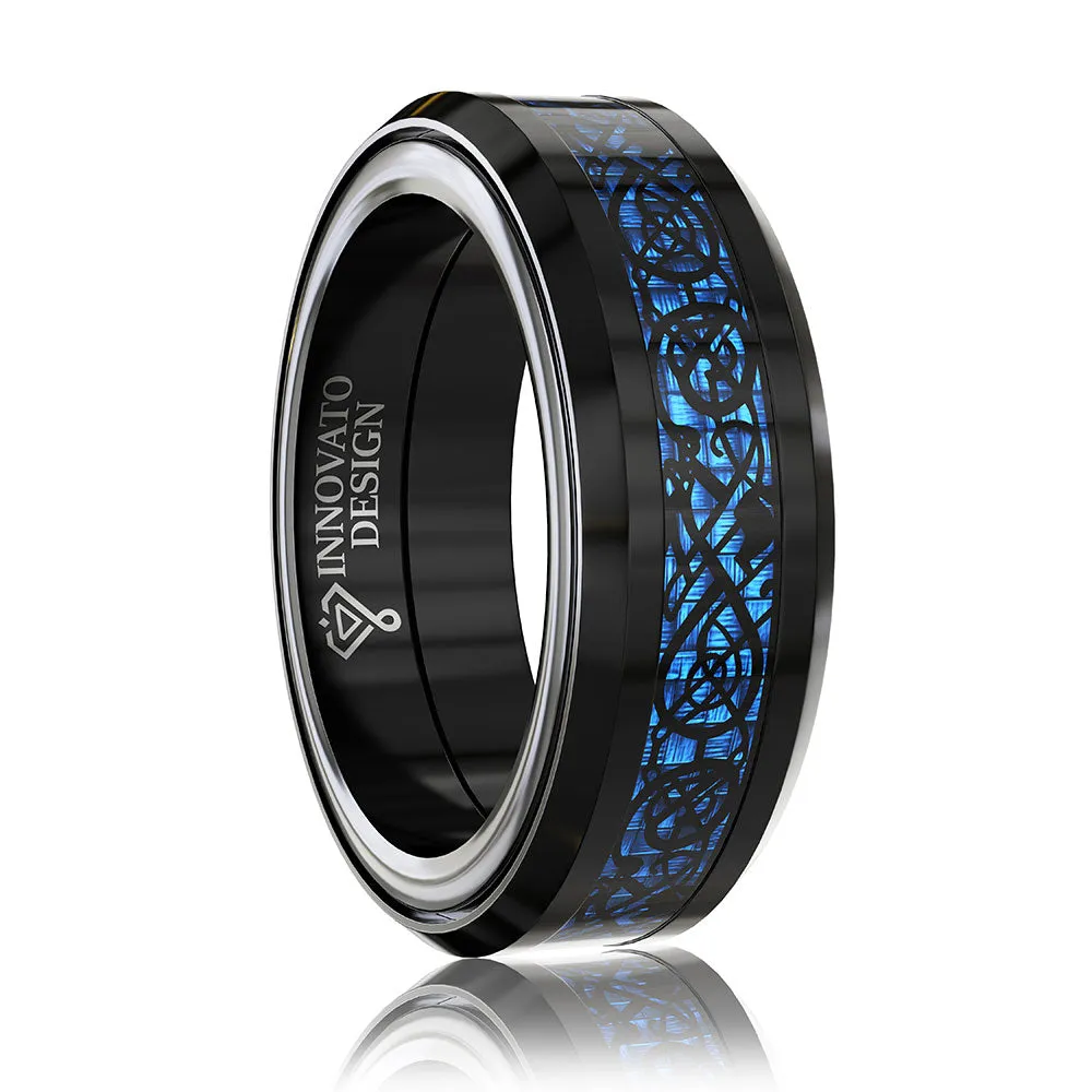 Dragon Blue Inlay Tungsten Spinner Wedding Band Ring