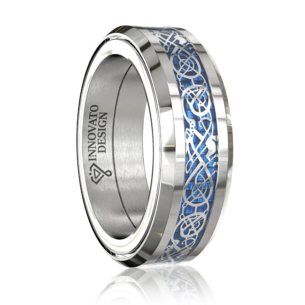 Dragon Blue Inlay Tungsten Spinner Wedding Band Ring