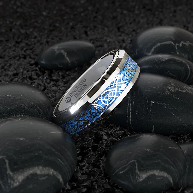 Dragon Blue Inlay Tungsten Spinner Wedding Band Ring