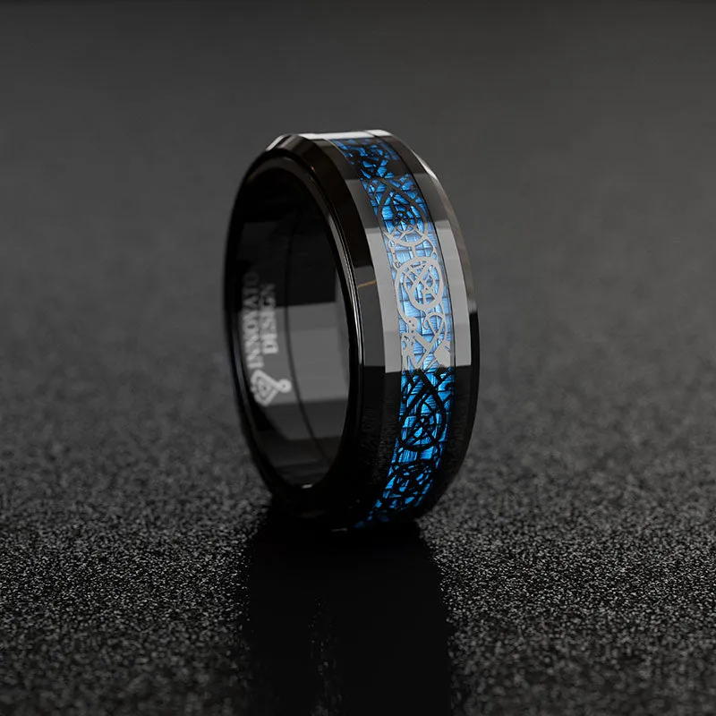 Dragon Blue Inlay Tungsten Spinner Wedding Band Ring