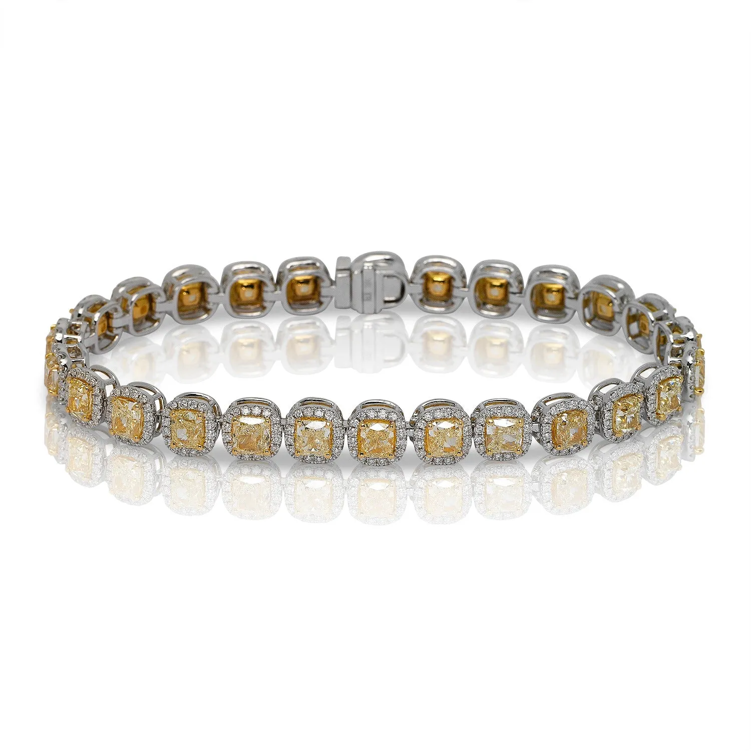 Emmalyn 14 Carat Cushion Cut Single Row Fancy Yellow Diamonds Tennis Bracelet in 18k White Gold