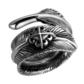 Feather and Cross 925 Sterling Silver Adjustable Vintage Punk Biker Ring