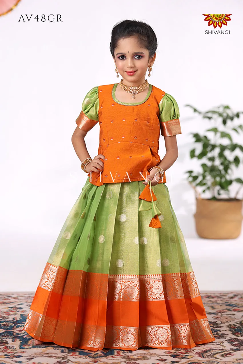 Festive Collection - Green Tissue Jega Pattu Pavadai For Kids