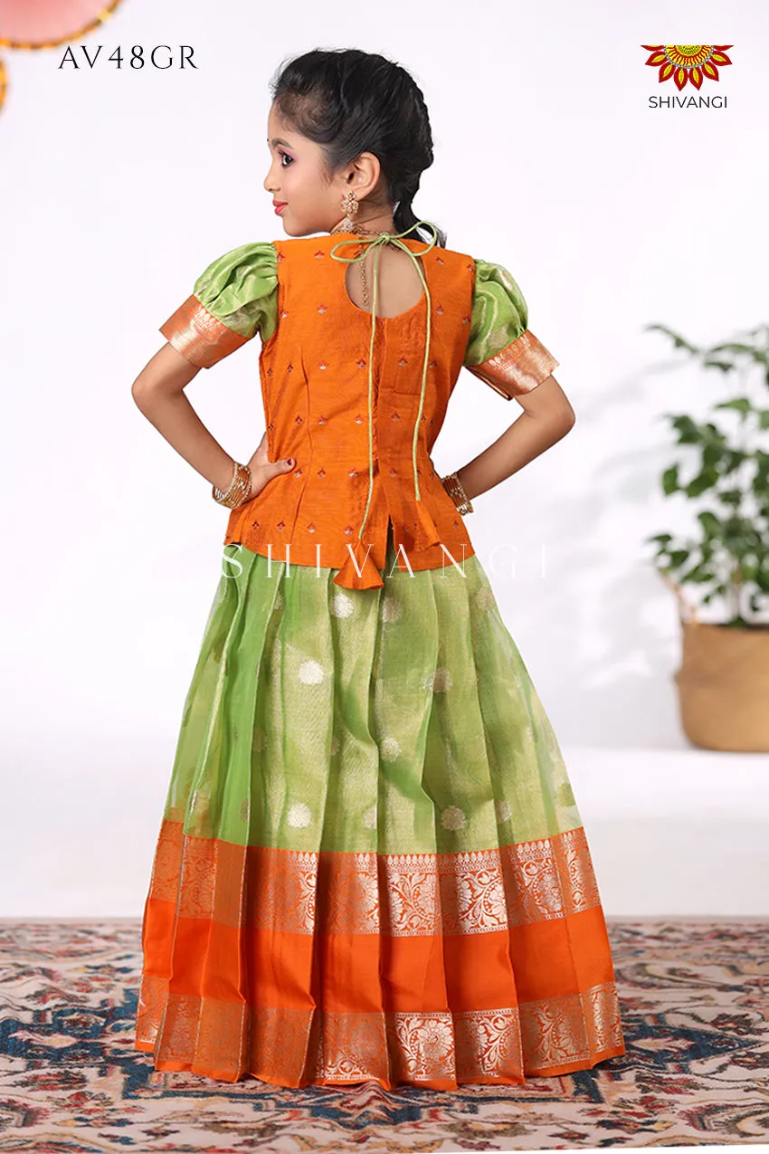 Festive Collection - Green Tissue Jega Pattu Pavadai For Kids