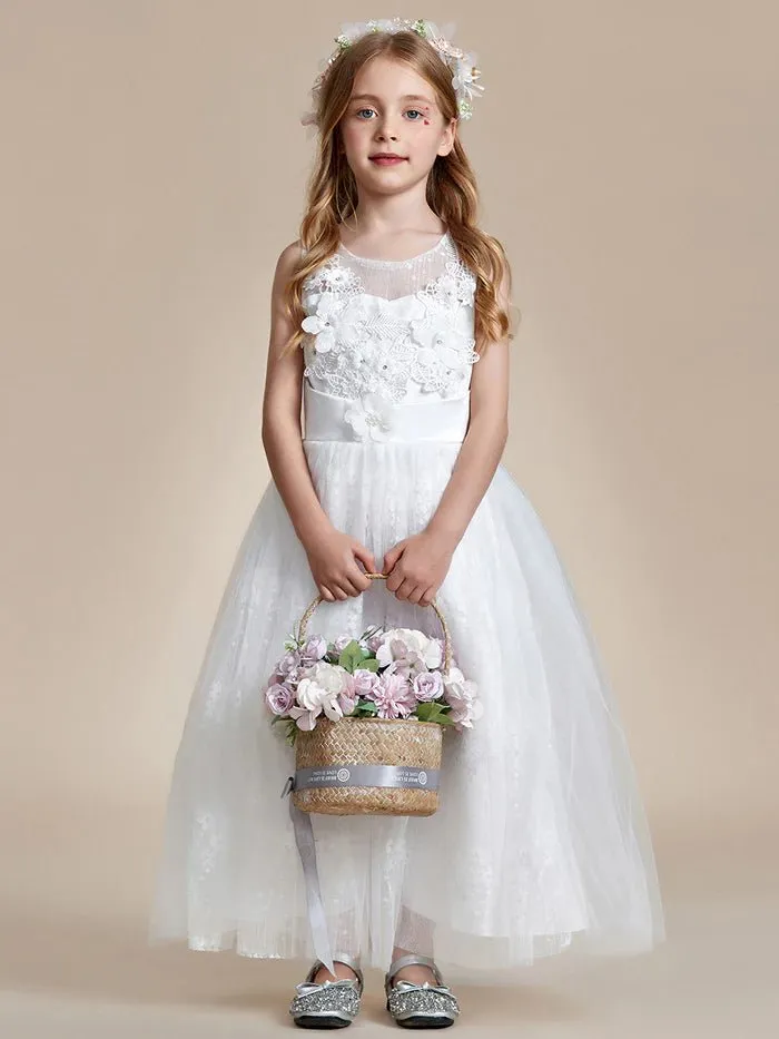 Floral Tulle Applique Princess Flower Girl Dress With Satin Back