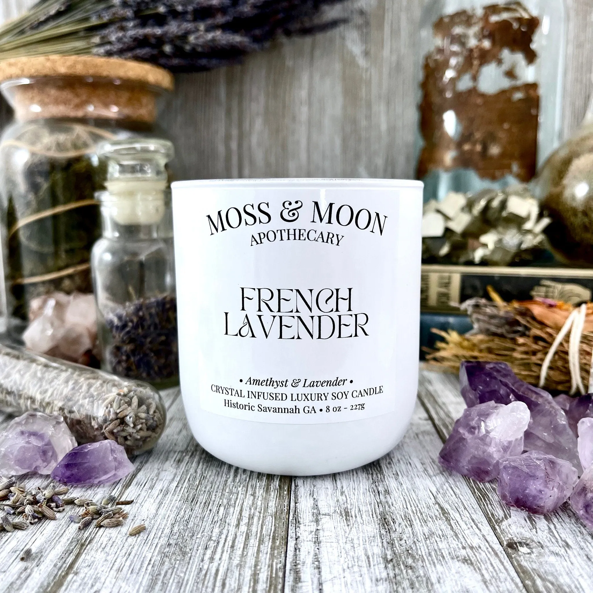 French Lavender Candle with Raw Amethyst and Lavender - Moss & Moon Apothecary Luxury Soy Crystal Candle