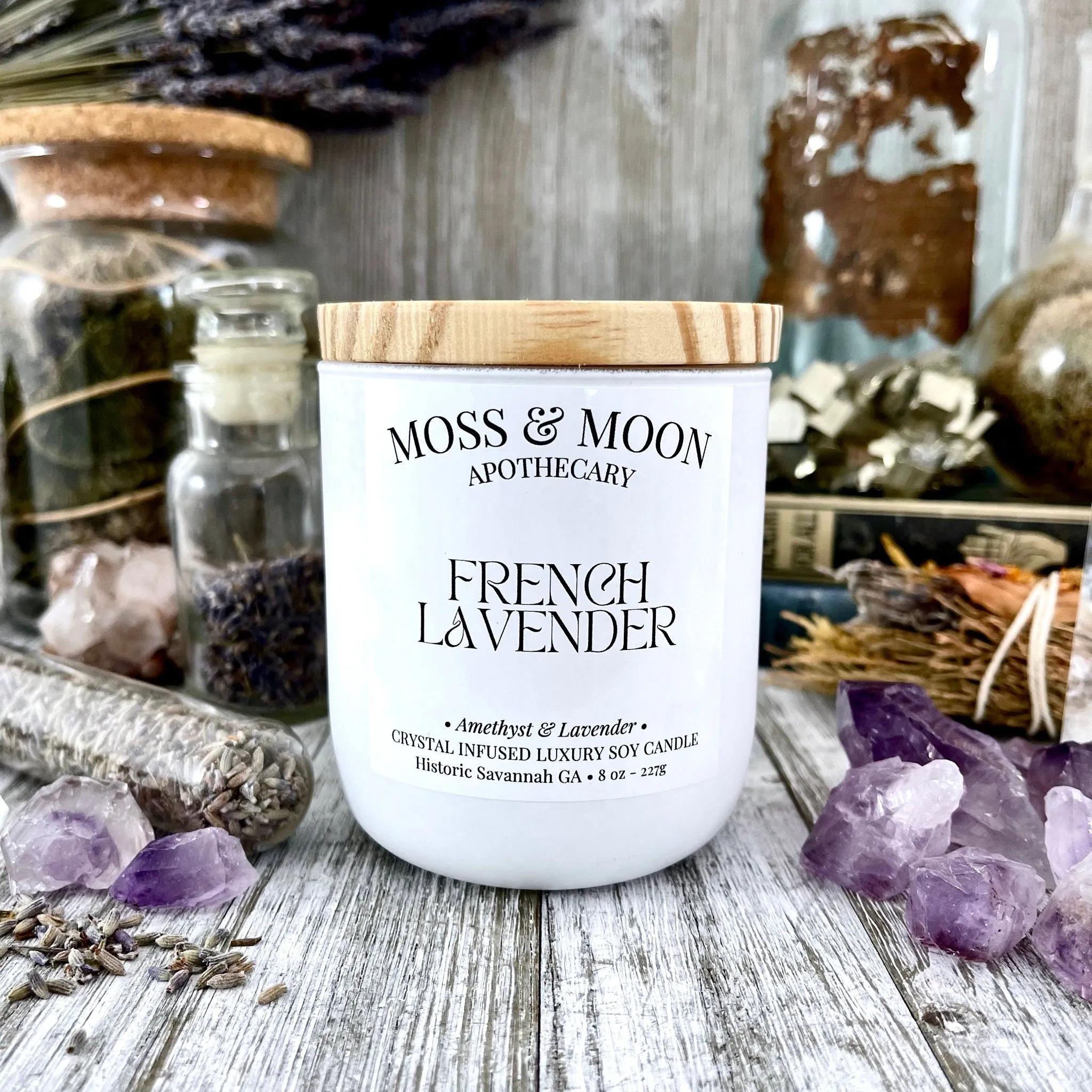 French Lavender Candle with Raw Amethyst and Lavender - Moss & Moon Apothecary Luxury Soy Crystal Candle