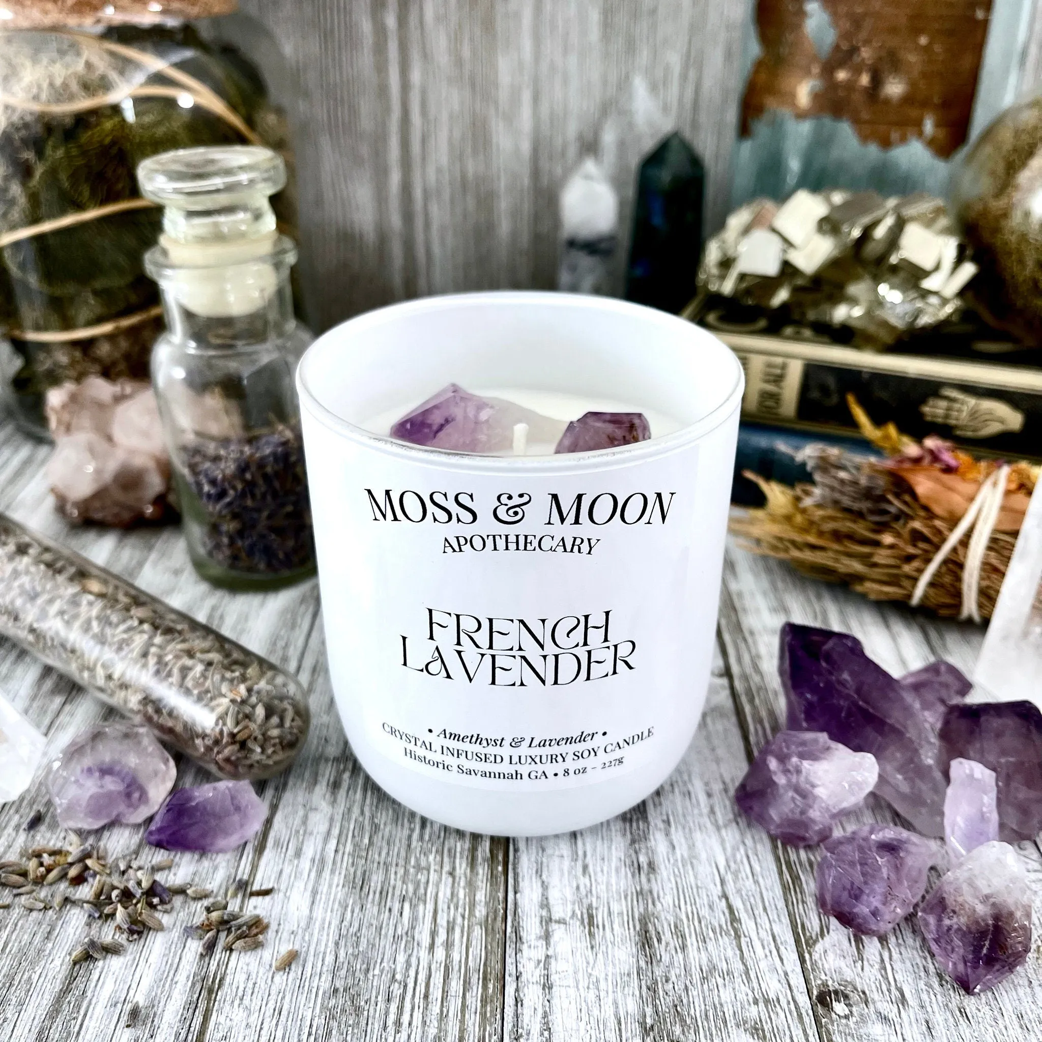 French Lavender Candle with Raw Amethyst and Lavender - Moss & Moon Apothecary Luxury Soy Crystal Candle