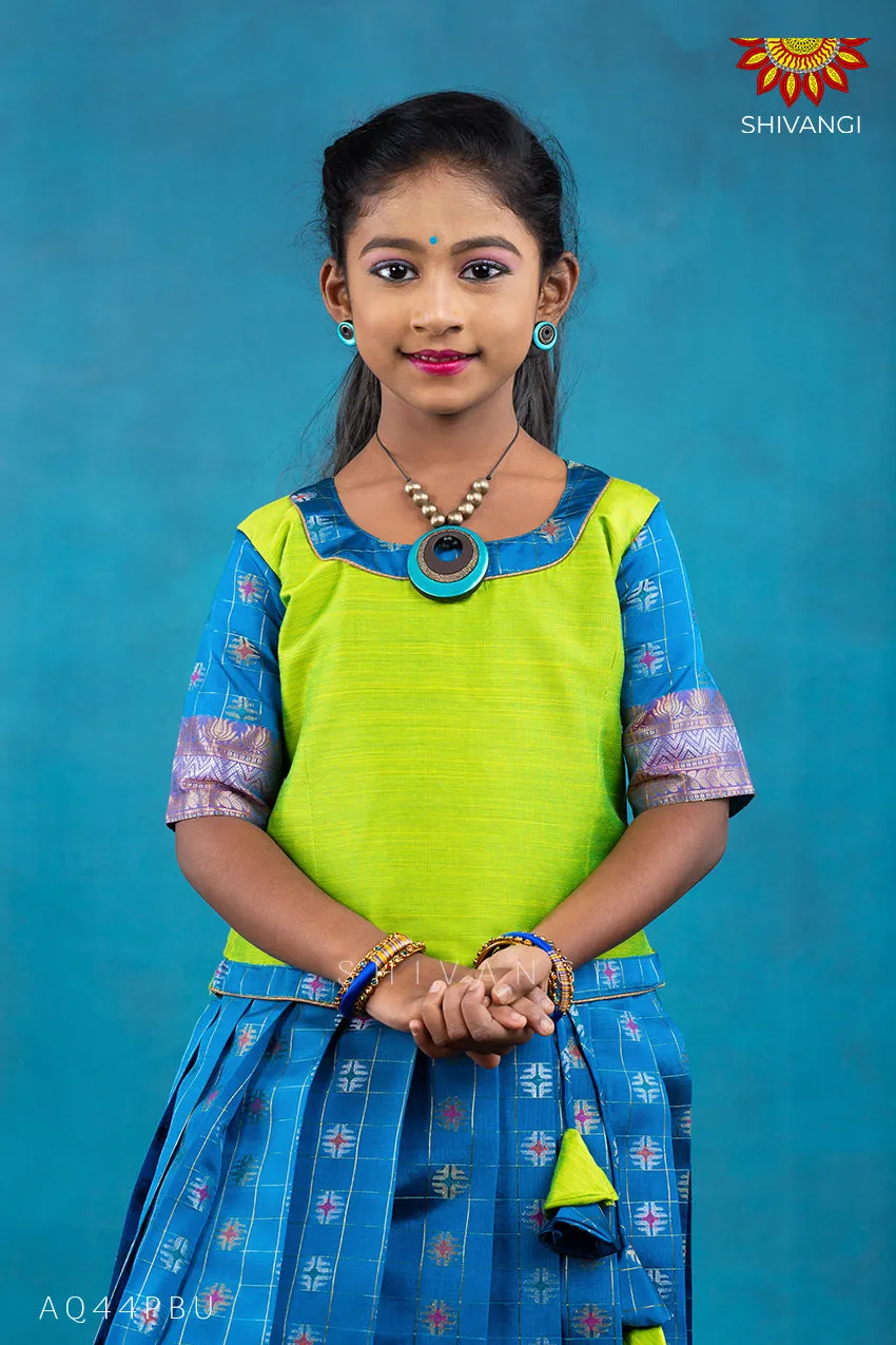 Girls Blue checks golden lotus Pattu Pavadai