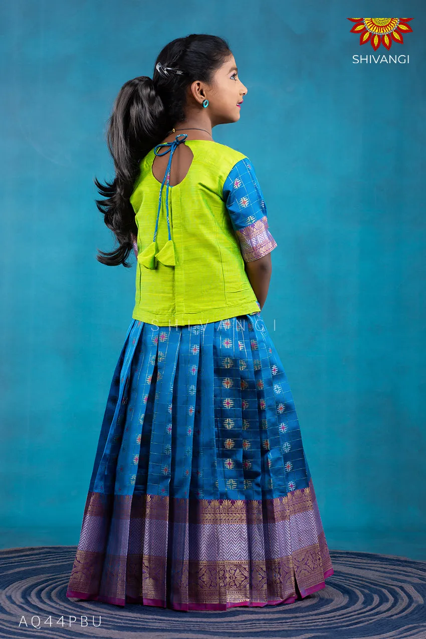 Girls Blue checks golden lotus Pattu Pavadai