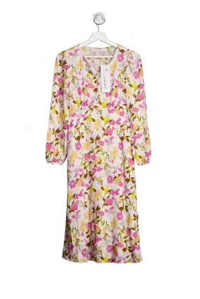 Goelia Cream / Multi 19 Momme Mulberry Silk Floral Printed Women Midi Dress UK XS