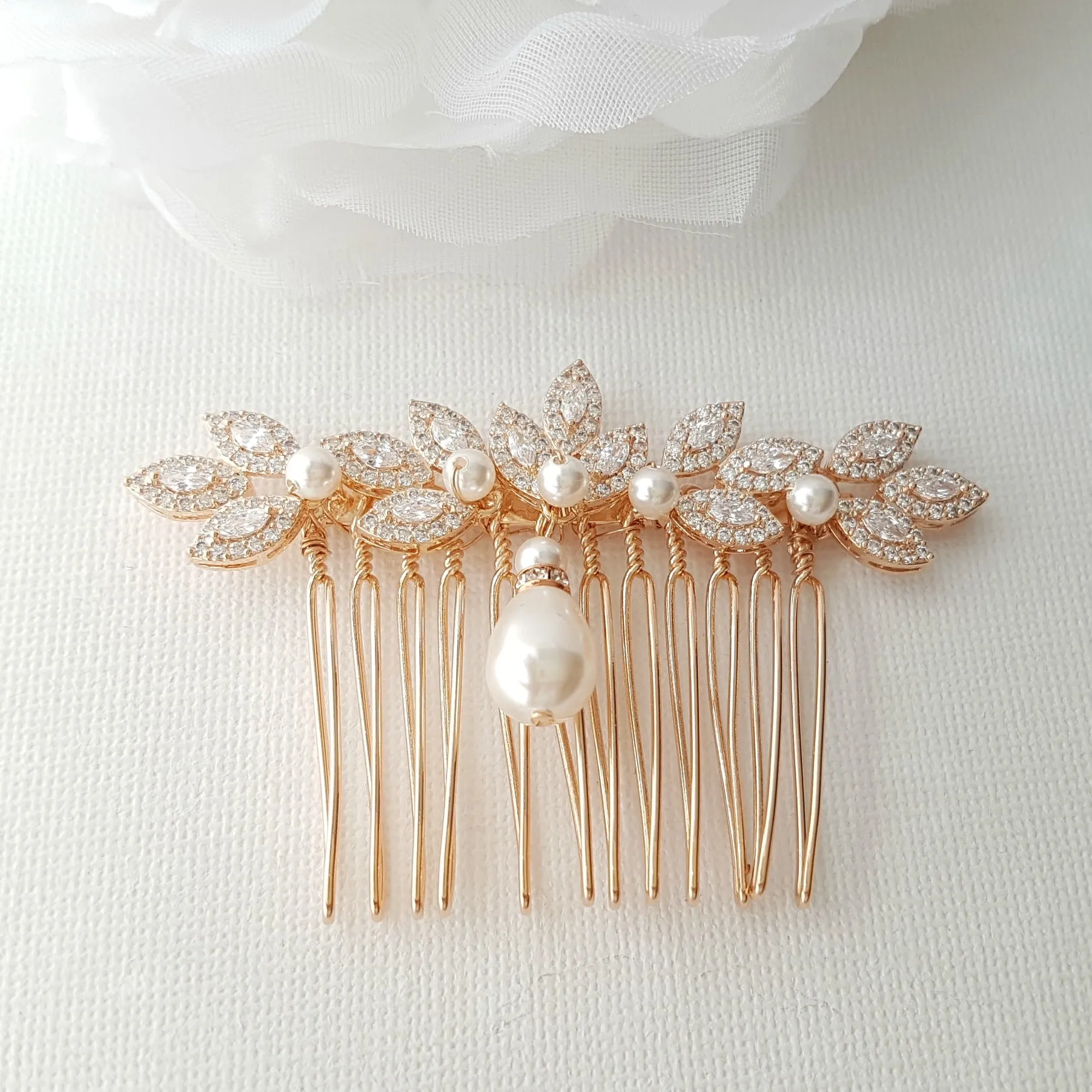 Gold Hair Comb for Weddings with Pearl & Crystals-Abby