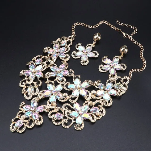 Gold-Plated Crystal Flower Necklace & Earrings Wedding Jewelry Set