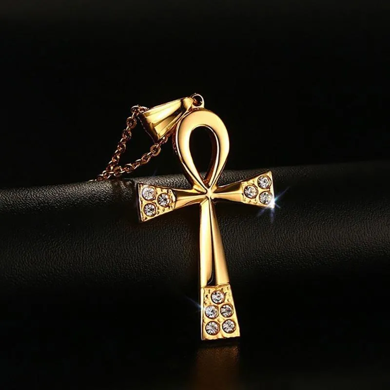 Gold-plated Stainless Steel Ankh Cross Pendant Chain Necklace