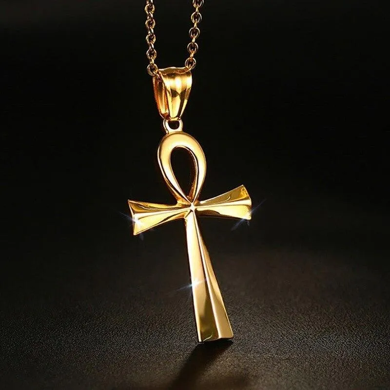 Gold-plated Stainless Steel Ankh Cross Pendant Chain Necklace