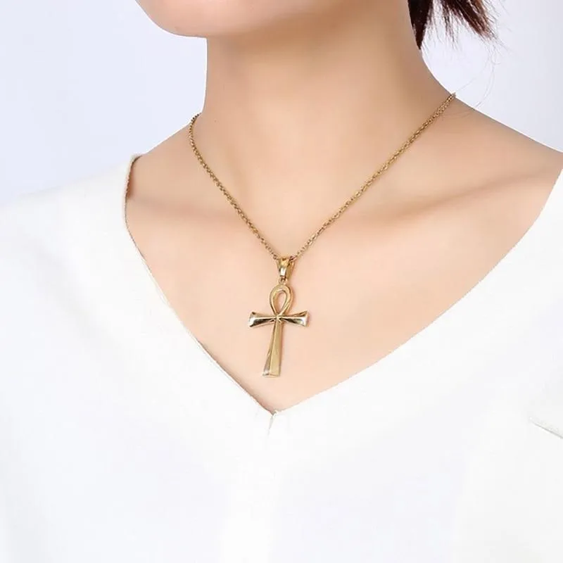 Gold-plated Stainless Steel Ankh Cross Pendant Chain Necklace