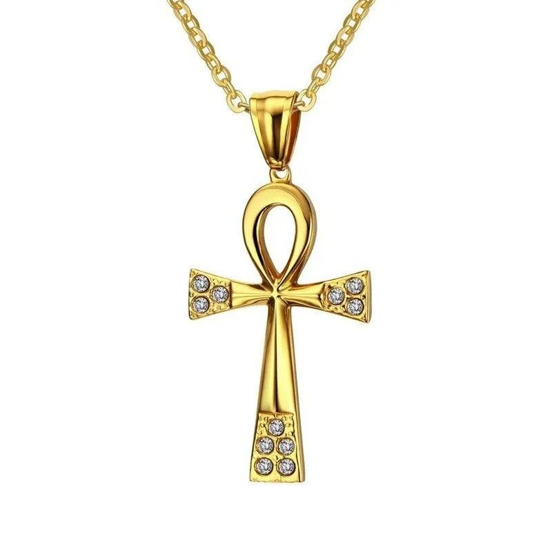 Gold-plated Stainless Steel Ankh Cross Pendant Chain Necklace