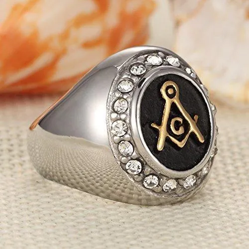 Gold Plated Vintage Highly Polishing Freemason Masonic with CZ Stainless Steel Men Ring