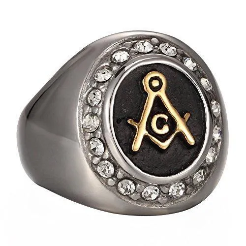 Gold Plated Vintage Highly Polishing Freemason Masonic with CZ Stainless Steel Men Ring