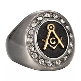 Gold Plated Vintage Highly Polishing Freemason Masonic with CZ Stainless Steel Men Ring