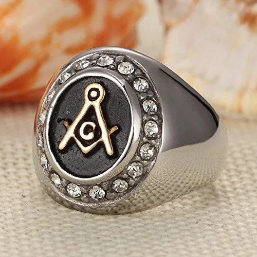 Gold Plated Vintage Highly Polishing Freemason Masonic with CZ Stainless Steel Men Ring