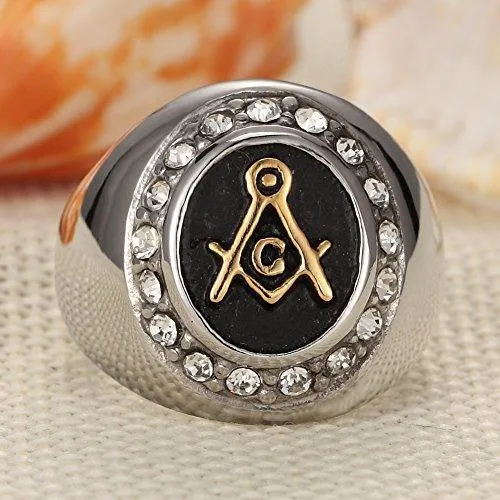 Gold Plated Vintage Highly Polishing Freemason Masonic with CZ Stainless Steel Men Ring