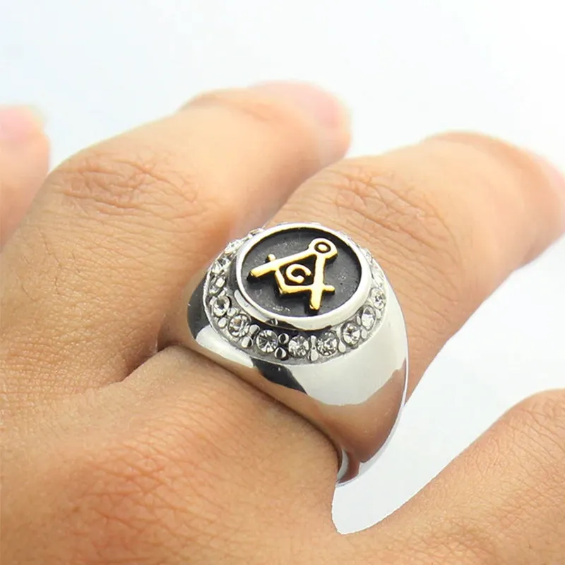 Gold Plated Vintage Highly Polishing Freemason Masonic with CZ Stainless Steel Men Ring