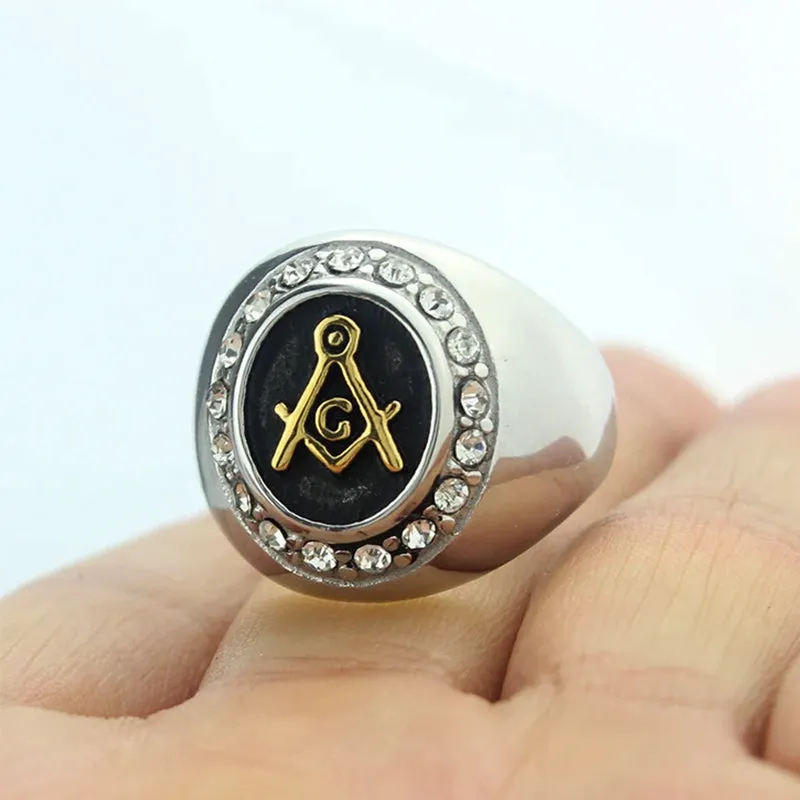 Gold Plated Vintage Highly Polishing Freemason Masonic with CZ Stainless Steel Men Ring