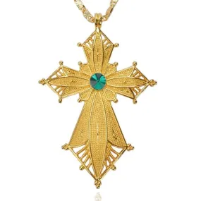 Golden Habesha Ethiopian Cross Pendant with Green Stone Center