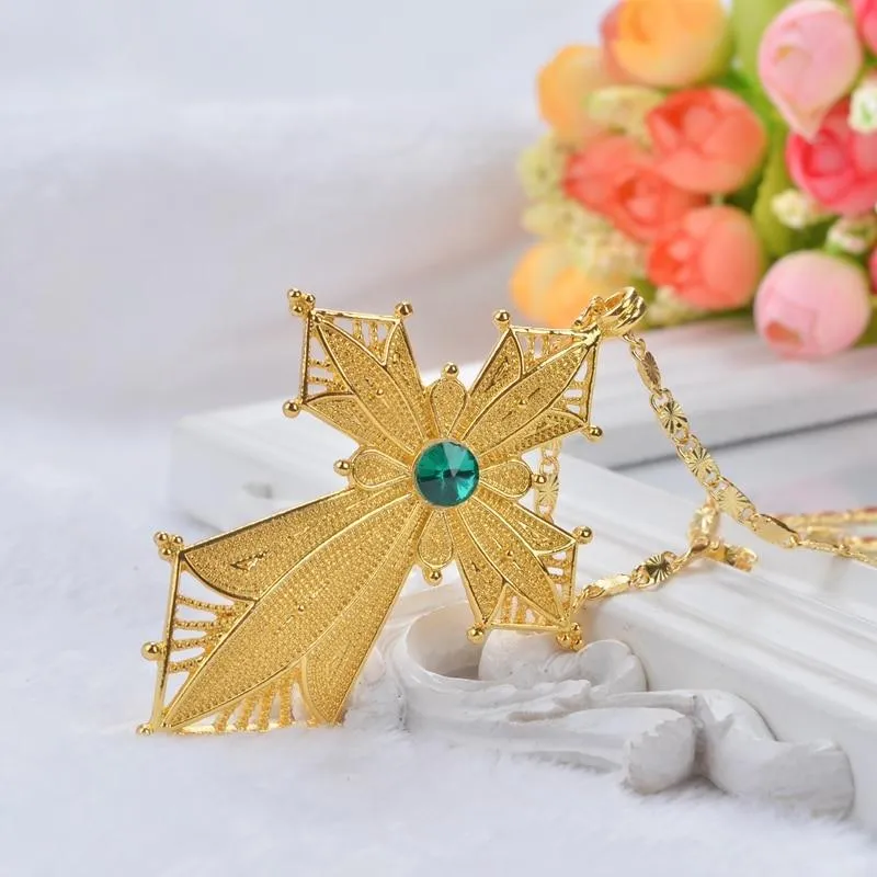 Golden Habesha Ethiopian Cross Pendant with Green Stone Center