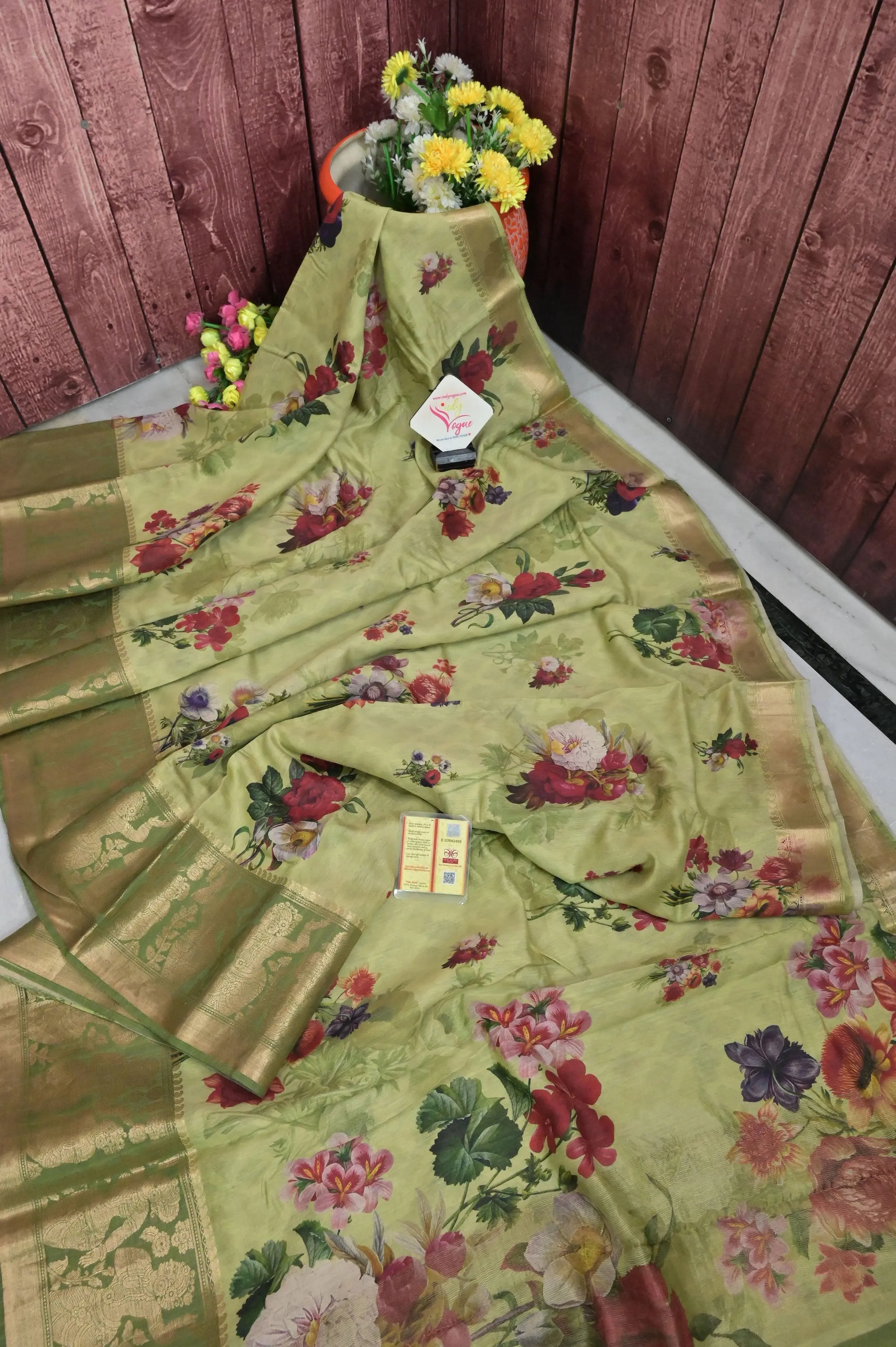 Green Color Muga Banarasi Saree with Floral Digital Print & Kanchi Border